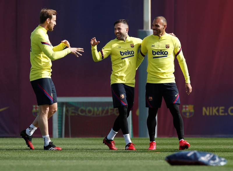 Barcelona's Martin Braithwaite, Jordi Alba and Ivan Rakitic during training