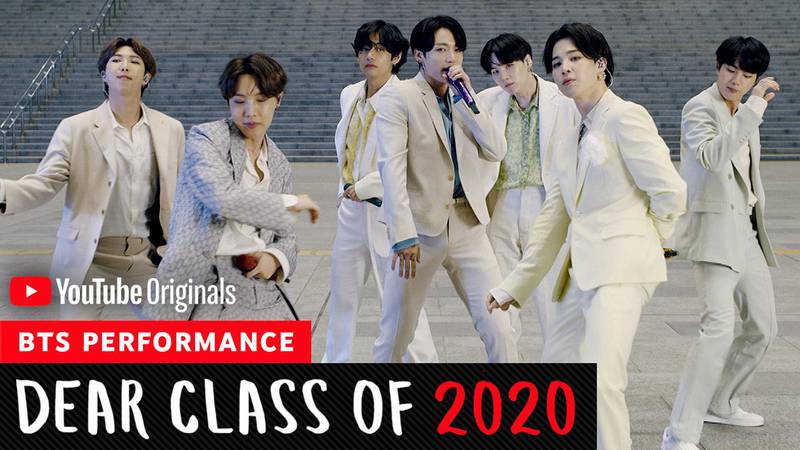 BTS performing as part of the YouTube Originals Dear Class of 2020 speeches. YouTube Originals