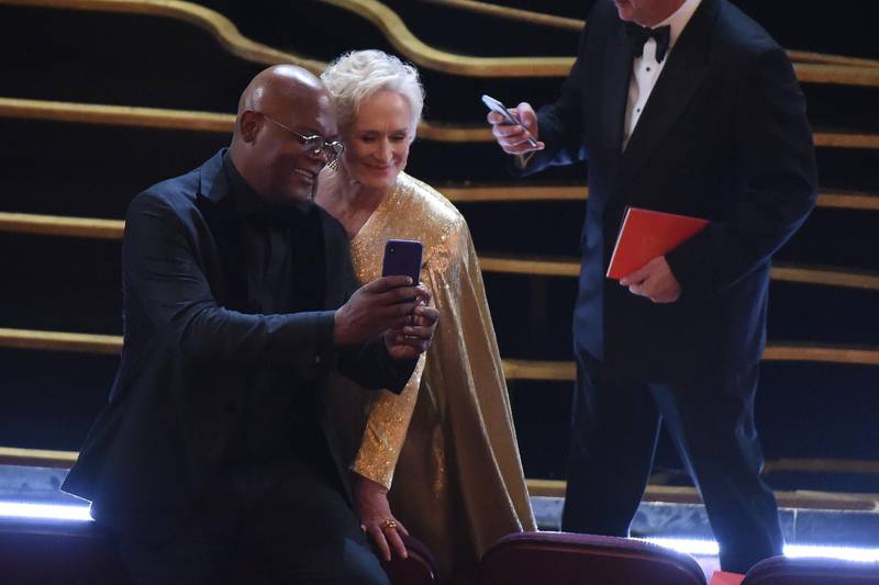 Shot of the day? Glenn Close and Samuel L. Jackson take a selfie as they arrive at the theatre. Photo: AFP