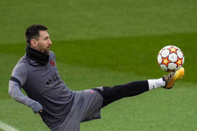 PSG's Lionel Messi controls the ball during a training session at the Bernabeu stadium in Madrid ahead of the Champions League clash with Real. AP