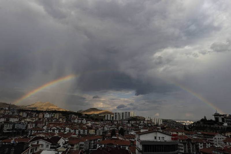 A rainbow appears after rainfall in Ankara, Turkey.