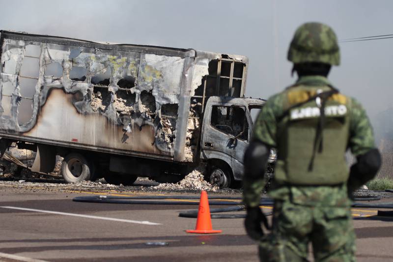 The wreckage of a vehicle set on fire by drug gang members after the arrest of Ovidio Guzman, a son of Joaquin 'El Chapo' Guzman, in Mazatlan, Mexico. Reuters