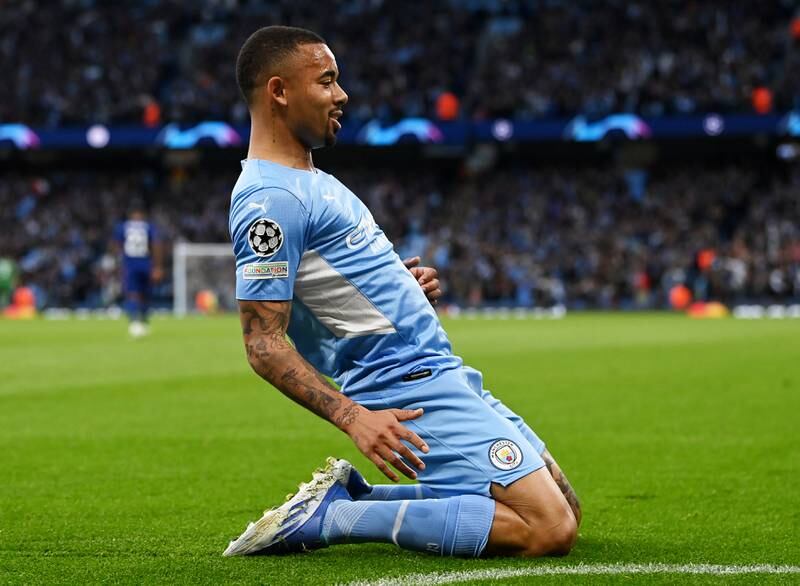 Gabriel Jesus celebrates after scoring Manchester City's second goal after 11 minutes. Getty