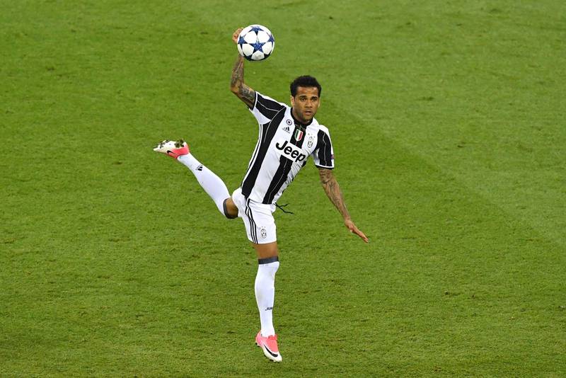 Dani Alves playing for Juventus in the 2016/17 Uefa Champions League final against Real Madrid at The Principality Stadium in Cardiff, south Wales.