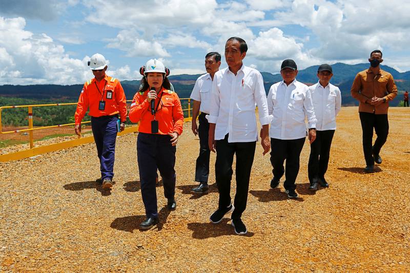 Indonesian President Joko Widodo and officials visit a site at the nickel mining town of Sorowako, in South Sulawesi province. Reuters