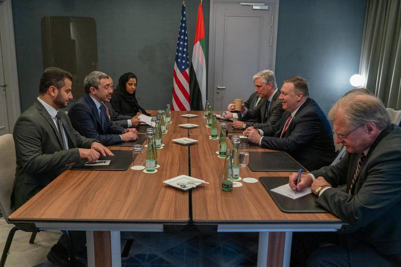 epa08140578 A handout photo made available by US Department of State (DOS) shows US Secretary of State Mike Pompeo (2-R) meeting with United Arab Emirates Minister of Foreign Affairs and International Cooperation Abdullah bin Zayed Al Nahyan (2-L) in Berlin, Germany, 19 January 2020, on the sidelines of the International Libya Conference. The summit, which takes place in Berlin and sees the participation of various world leaders, including Internationally-recognized Prime Minister Fayez al-Serraj and renegade General Khalifa Haftar, will try to begin a process to reconcile the two Libyan rival leaders.  EPA/RON PRZYSUCHA/US DEPARTMENT OF STATE HANDOUT  HANDOUT EDITORIAL USE ONLY/NO SALES