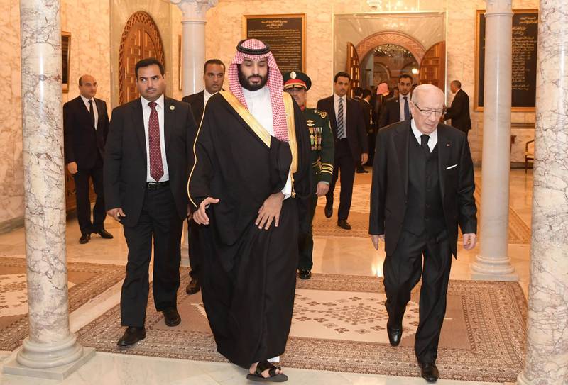 Tunisian President Beji Caid Essebsi receives Saudi Arabia's Crown Prince Mohammed bin Salman upon his arrival at the presidential palace in Carthage on the eastern outskirts of the capital Tunis. AFP