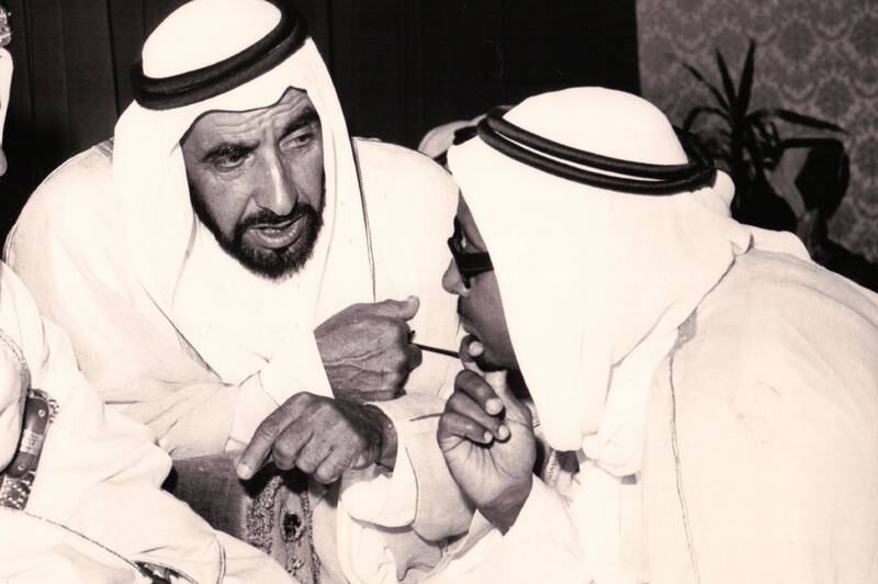 Saleh Farah, right, talks with UAE Founding Father, the late Sheikh Zayed bin Sultan Al Nahyan. Photo: Supplied