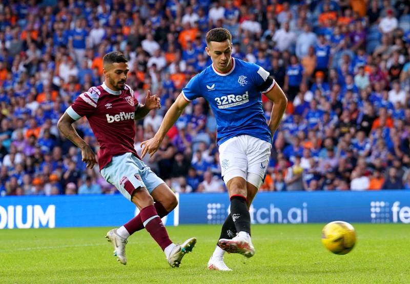 Rangers' Tom Lawrence scores against West Ham United at Ibrox in Glasgow, on July 19. PA
