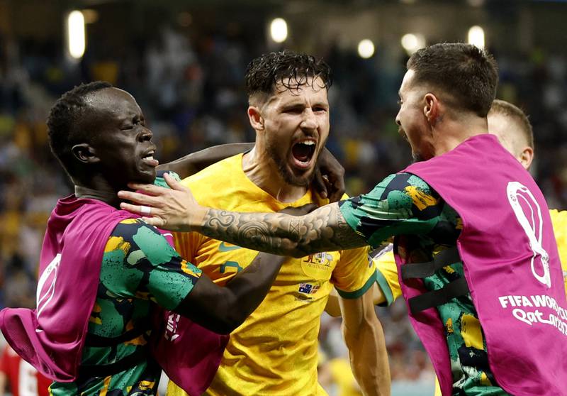Mathew Leckie celebrates scoring the only goal of the game for Australia against Denmark in the World Cup group-stage match at Al Janoub Stadium in Qatar, on November 30, 2022. Reuters