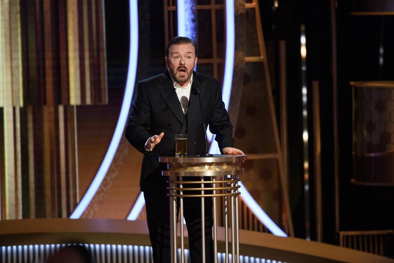 epa08105966 A handout photo made available by the Hollywood Foreign Press Association (HFPA) shows host Ricky Gervais on stage during the 77th annual Golden Globe Awards ceremony at the Beverly Hilton Hotel, in Beverly Hills, California, USA, 05 January 2020.  EPA/HFPA / HANDOUT ATTENTION EDITORS: IMAGE MAY ONLY BE USED UNALTERED, ONE TIME USE ONLY WITHIN 60 DAYS MANDATORY CREDIT HANDOUT EDITORIAL USE ONLY/NO SALES HANDOUT EDITORIAL USE ONLY/NO SALES