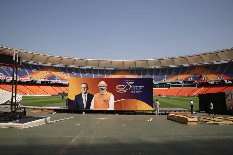 Signs promote Anthony Albanese's visit at an Australia Test squad training session at Narendra Modi Stadium. Getty Images