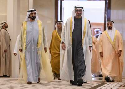 President Sheikh Mohamed and Sheikh Mohammed bin Rashid at Qasr Al Watan. Presidential Court