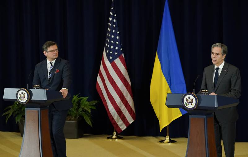 Secretary of State Antony Blinken, right, and Ukraine's Foreign Minister Dmytro Kuleba speak at the US State Department. AP