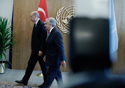 Turkish president, Recep Tayyip Erdogan, left, arrives to meet with UN Secretary General Antonio Guterres, right, at United Nations headquarters in New York. EPA