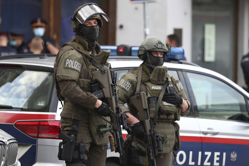 Armed police at the  scene after the 2020 Vienna shootings. AP