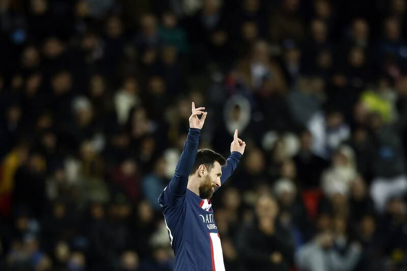 Paris Saint Germain's Lionel Messi celebrates scoring the second goal in the 2-0 Ligue 1 win against Angers in Paris on January 11, 2023. EPA