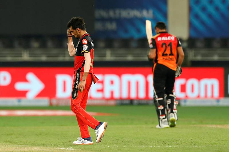 Yuzvendra Chahal of Royal Challengers Bangalore celebrates the wicket of Manish Pandey of Sunrisers Hyderabad during match 3 of season 13 Dream 11 Indian Premier League (IPL) between Sunrisers Hyderabad and Royal Challengers Bangalore held at the Dubai International Cricket Stadium, Dubai in the United Arab Emirates on the 21st September 2020.  Photo by: Saikat Das  / Sportzpics for BCCI
