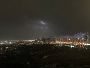 Forks of lightning and storm clouds captured over Dubai Marina on Saturday night. Courtesy: Anton Balchin