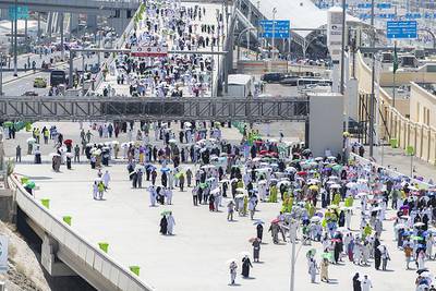 Pilgrims on the first day of Tashreeq throw the three Jamarat, beginning with Jamarat al-Soghra, then al-Wusta, and then Jamrat al-Aqaba. SPA