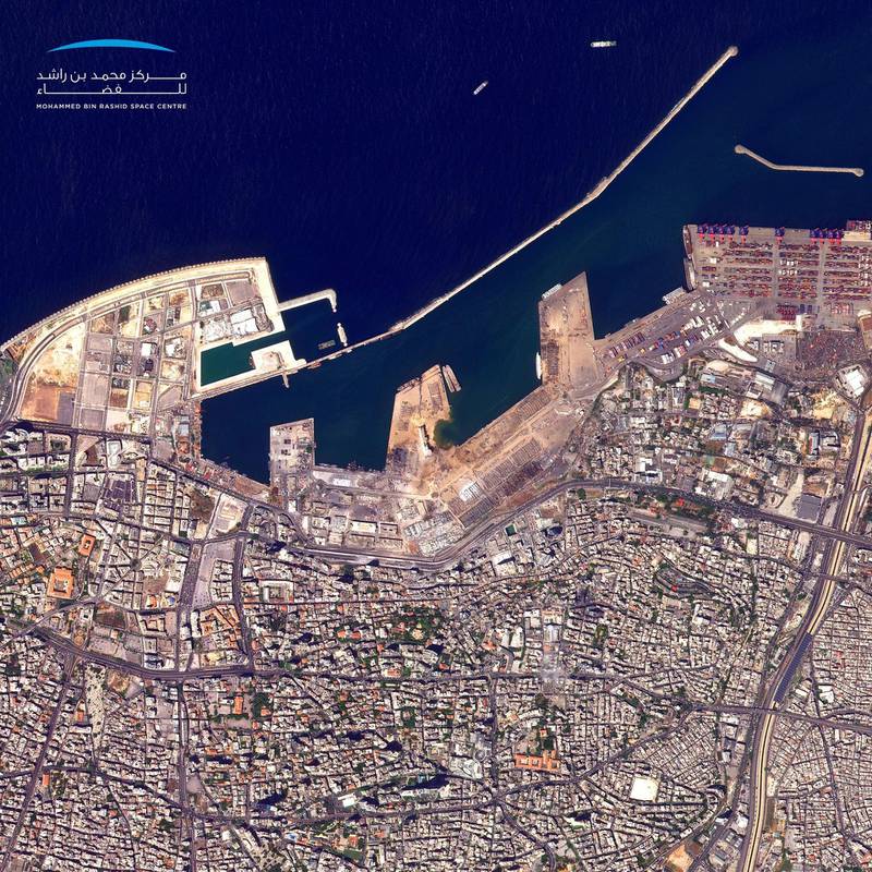 An image from UAE's KhalifaSat, 600km in orbit, shows Beirut port after a blast levelled the entire district in August 2020. Courtesy: Mohammed bin Rashid Space Centre
