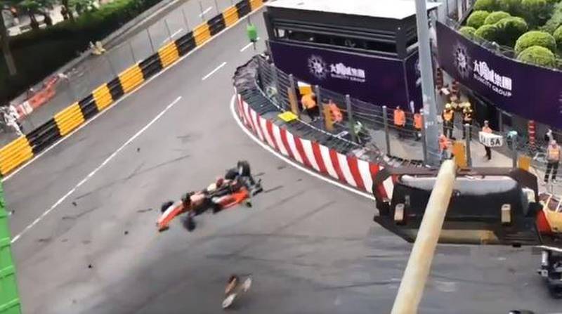 The car of Sophia Floersch moments before it hit an area of marshals and photographers at the Macau Grand Prix. Screen grab from Twitter