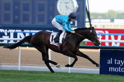 Brown Panther was  ridden by Richard Kingscote in winning the Dubai Gold Cup on World Cup night at Meydan. Pawan Singh / The National

