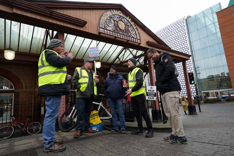 Aslef union members on the picket line at Moor Street in Birmingham. PA