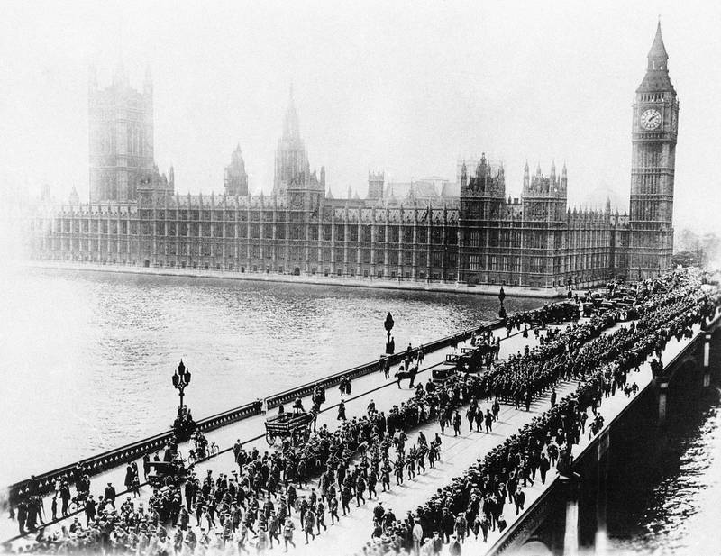 The first 5,000 American soldiers to reach England march across historic Westminster Bridge in London, UK.