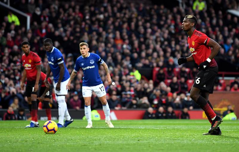 Paul Pogba edges closer to the ball during his penalty run-up against Everton.  Getty Images