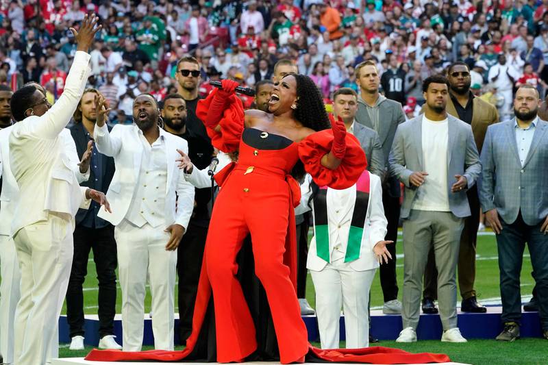 Actress and singer Sheryl Lee Ralph performs Lift Every Voice and Sing ahead of Super Bowl kick-off. AFP

