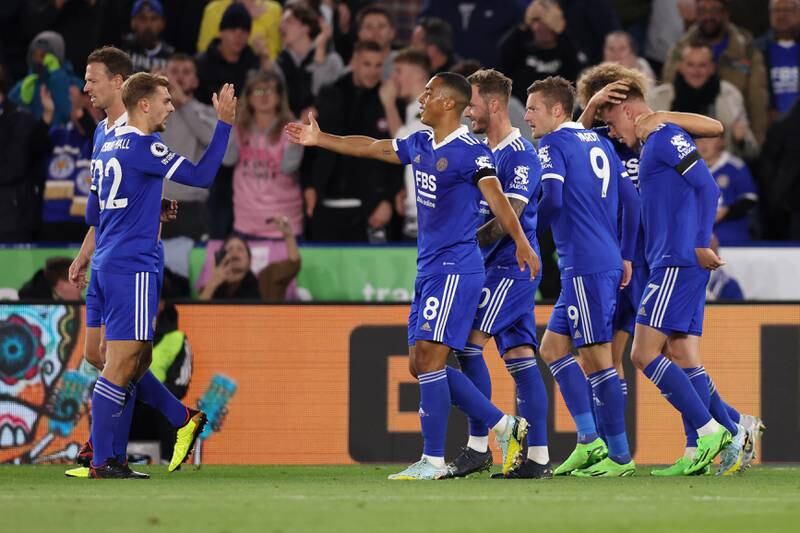 Harvey Barnes with teammates after scoring Leicester City's second goal. Getty