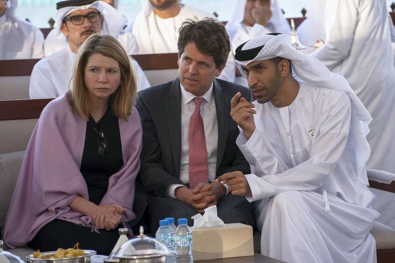 ABU DHABI, UNITED ARAB EMIRATES - March 18, 2019: HE Dr Thani Al Zeyoudi, UAE Minister for Climate Change and Environment (R) and Shriver family members, attend a Sea Palace barza.

( Ryan Carter / Ministry of Presidential Affairs )?
---