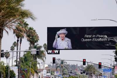 A billboard in honour of Queen Elizabeth stands near the Los Angeles Rams' NFL venue in Inglewood, California. AP