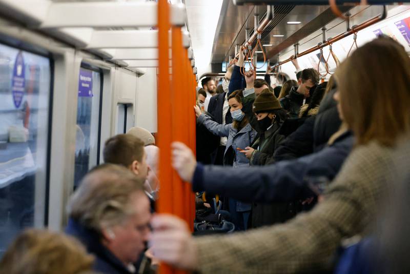 A packed Transport for London overground train service from Walthamstow, east London, towards central London. AFP