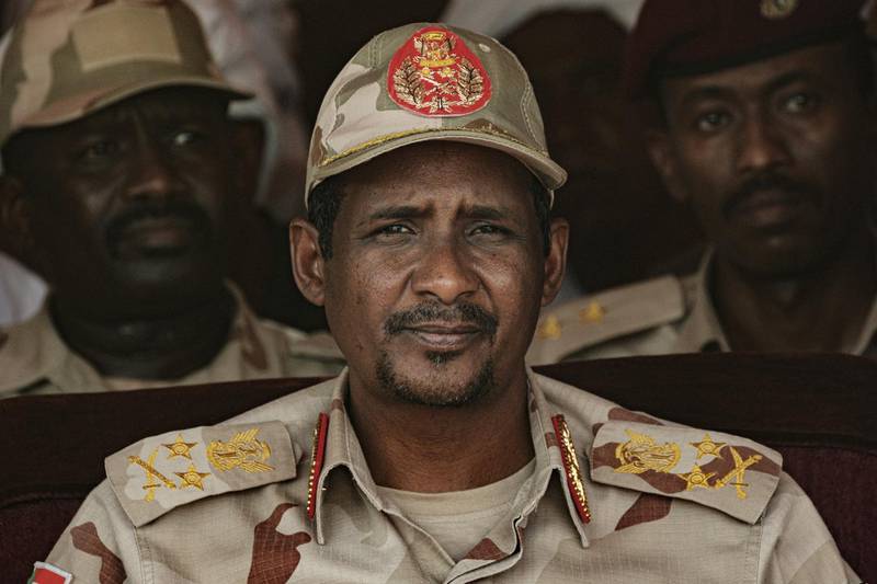 Mohamed Hamdan Dagalo, known as Himediti, deputy head of Sudan's ruling Transitional Military Council (TMC) and commander of the Rapid Support Forces (RSF) paramilitaries, attends a rally in the village of Abraq, about 60 kilometers northwest of Khartoum, on June 22, 2019. (Photo by Yasuyoshi CHIBA / AFP)