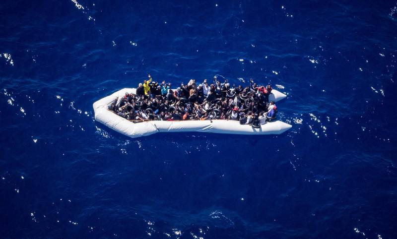 A migrant craft in distress off the coast of Libya, June 5, 2019 in this picture obtained by Reuters June 6, 2019. Jose Benavente/PILOTES VOLONTAIRES/via REUTERS   THIS IMAGE HAS BEEN SUPPLIED BY A THIRD PARTY. MANDATORY CREDIT. NO RESALES. NO ARCHIVES.