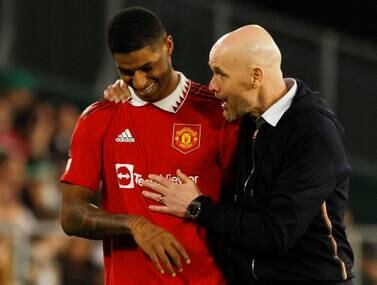 Soccer Football - Europa League - Round of 16 - Second Leg - Real Betis v Manchester United - Estadio Benito Villamarin, Seville, Spain - March 16, 2023  Manchester United manager Erik ten Hag with Marcus Rashford after he was substituted REUTERS / Marcelo Del Pozo     TPX IMAGES OF THE DAY
