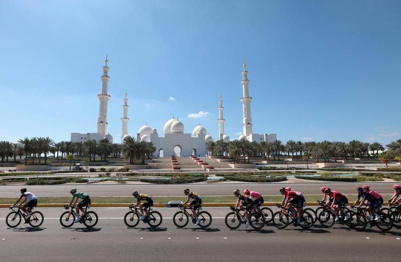 The peloton pass the Sheikh Zayed Grand Mosque during the Stage 7 of the UAE Cycling Tour on Saturday, February 27. AFP