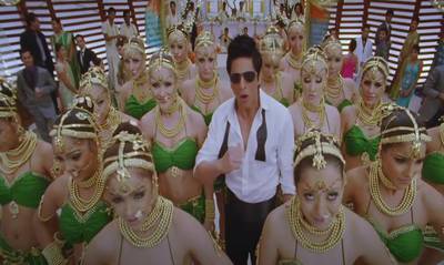 Shah Rukh Khan surrounded by fair-skinned background dancers in the music video of 'Chammak Challo', released in the 2011 movie 'Ra.One'.