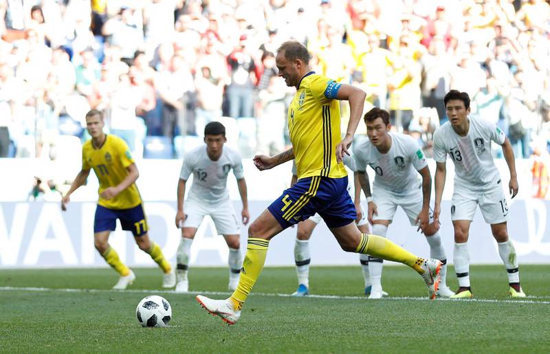 Andreas Granqvist scores from the penalty spot. Matthew Childs / Reuters