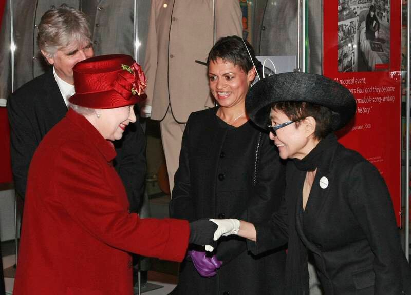 Queen Elizabeth II meets Yoko Ono during a visit to the Museum of Liverpool on December 1, 2011 in Liverpool, England. Getty Images