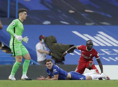 Liverpool's Sadio Mane after being fouled by Andreas Christensen of Chelsea. Mane had a fine game, scoring both goals in the 2-0 win at Stamford Bridge in September. EPA