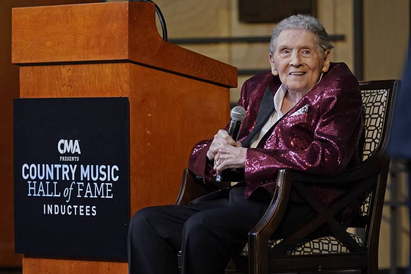 Jerry Lee Lewis speaks at the Country Music Hall of Fame in May 2022 after it was announced he would be inducted as a member, in Nashville, Tennessee. AP