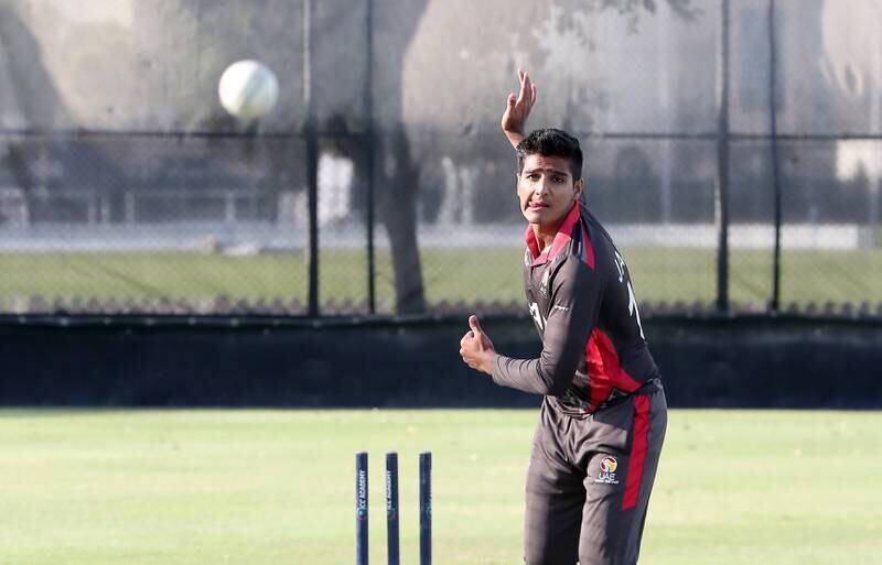 UAE U19 player Jash Giyanani bowls at the ICC Academy in Dubai. Pawan Singh / The National