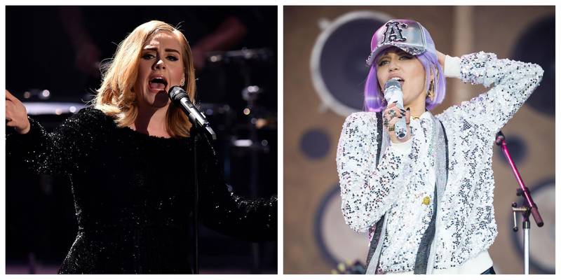 Adele, left, and Miley Cyrus, are among singers whose albums has been pushed back due to the coronavirus pandemic. Getty Images