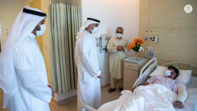 Sheikh Khaled bin Mohamed visits people who were wounded in a gas explosion in Abu Dhabi on August 31. Courtesy: Abu Dhabi Government Media Office