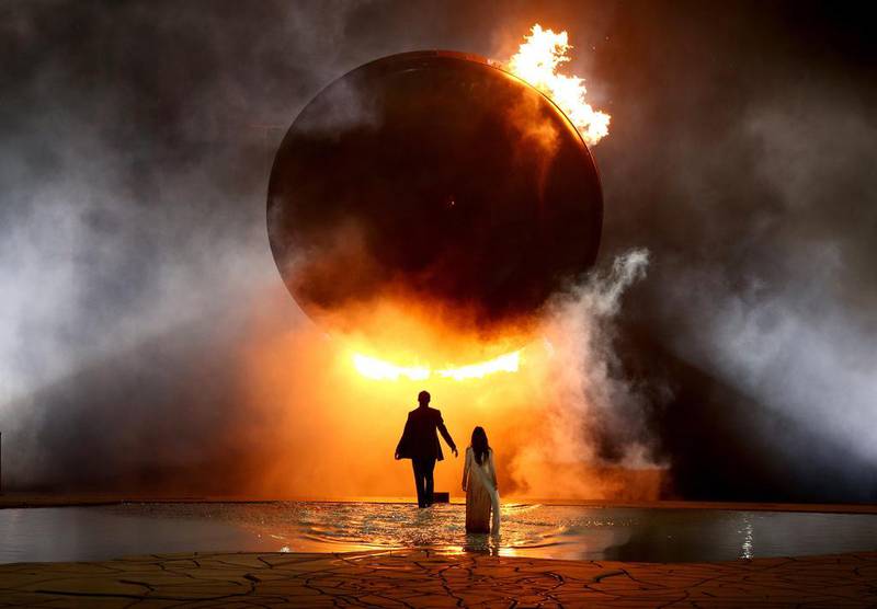 A ring of fire burns in front of performers at the European Games opening ceremonies on Friday in Baku, Azerbaijan. Paul Gilham / Getty Images