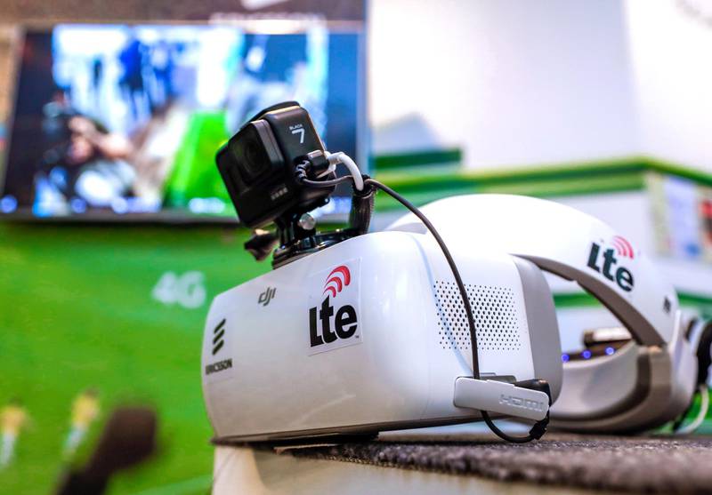 Abu Dhabi, United Arab Emirates, June 20, 2019.   5G Technology presented by Etisalat ant Ericsson. --   VR headset at the 5G VR football stand.Victor Besa/The NationalSection:  BZReporter:  Sarah Townsend