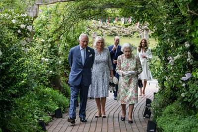 Prince Charles, Prince of Wales, Camilla, Duchess of Cornwall, Queen Elizabeth II, Prince William, Duke of Cambridge, and Catherine, Duchess of Cambridge, arrive for a drinks reception for G7 leaders at the Eden Project during the G7 summit. Getty Images